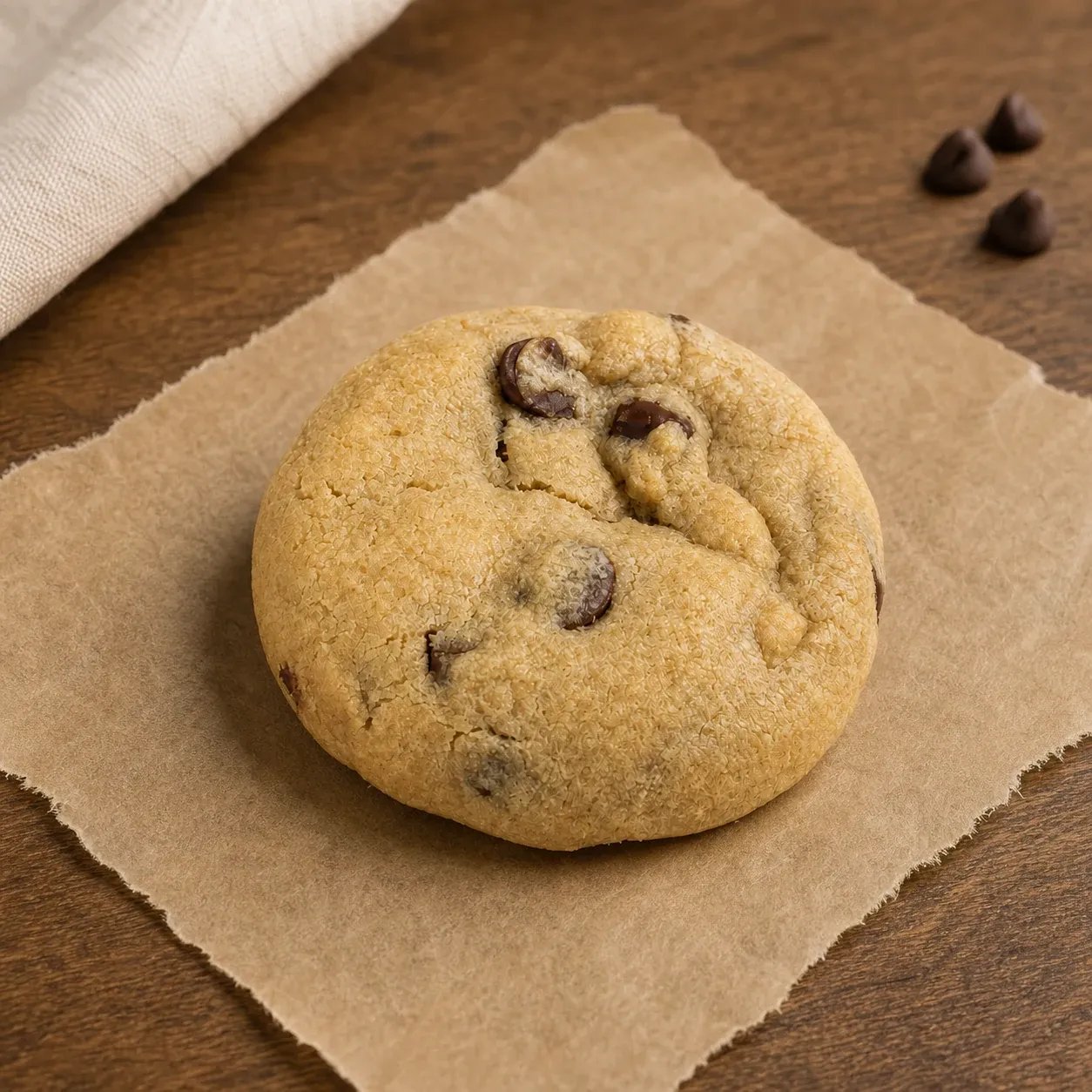 Brown butter chocolate chip cookie on kraft paper and a walnut tabletop.