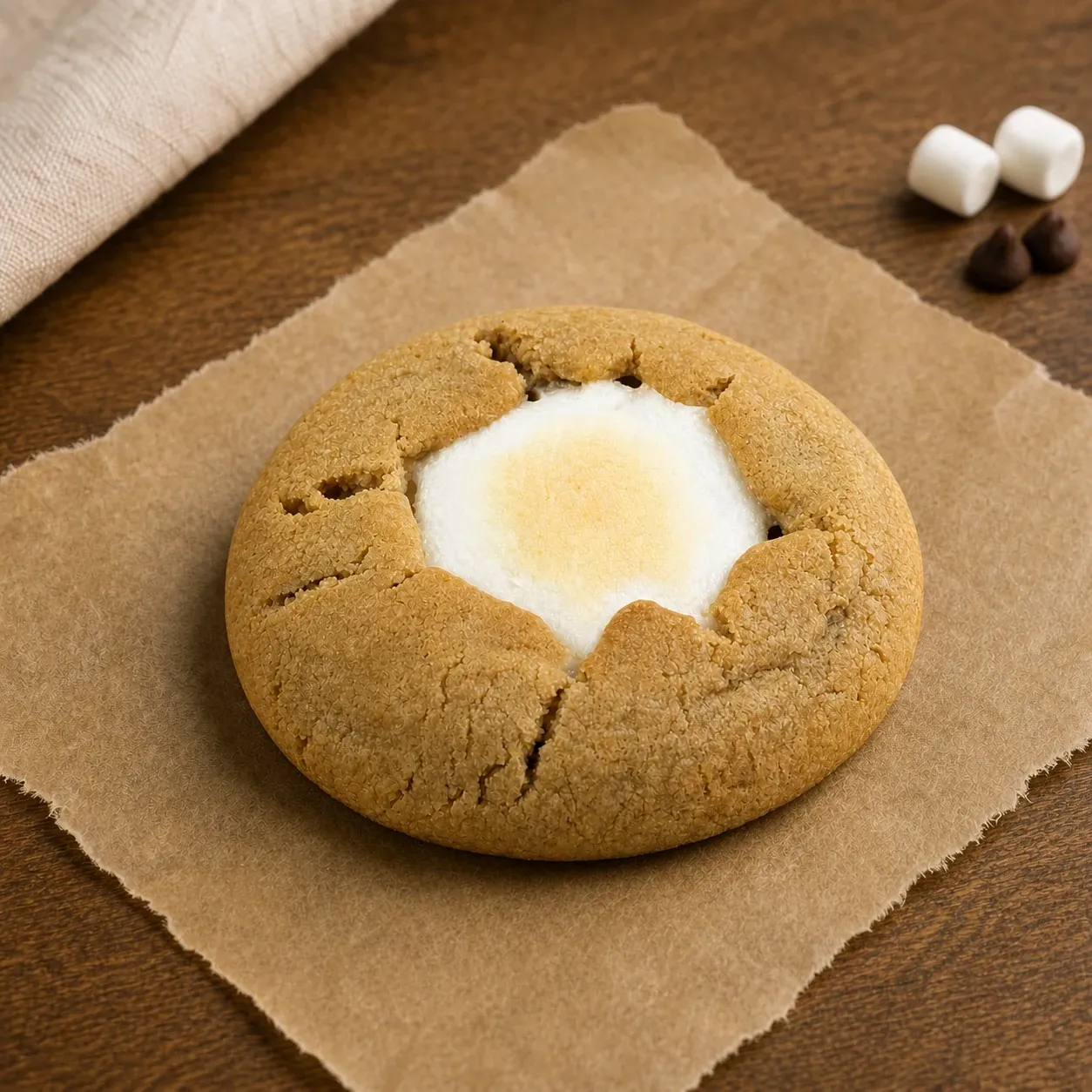 Brown butter S'mores cookie with a marshmallow centre on kraft paper.