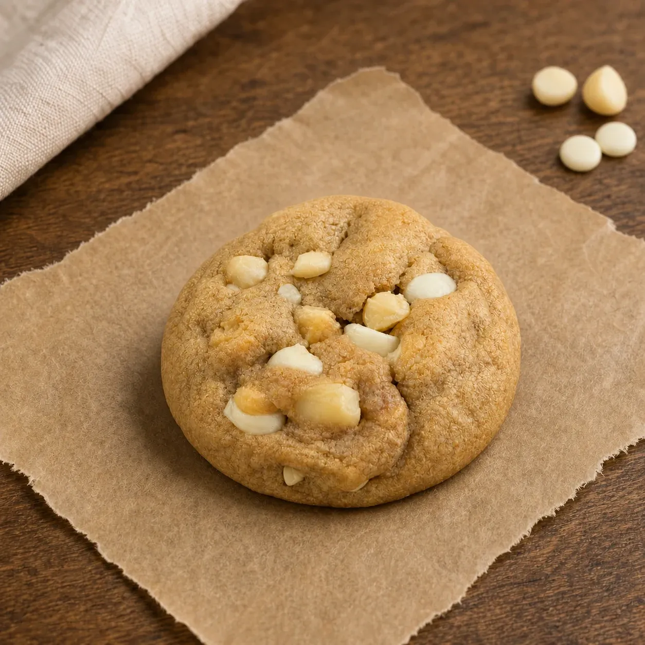 Brown butter white chocolate macadamia cookie on kraft paper and a walnut tabletop.