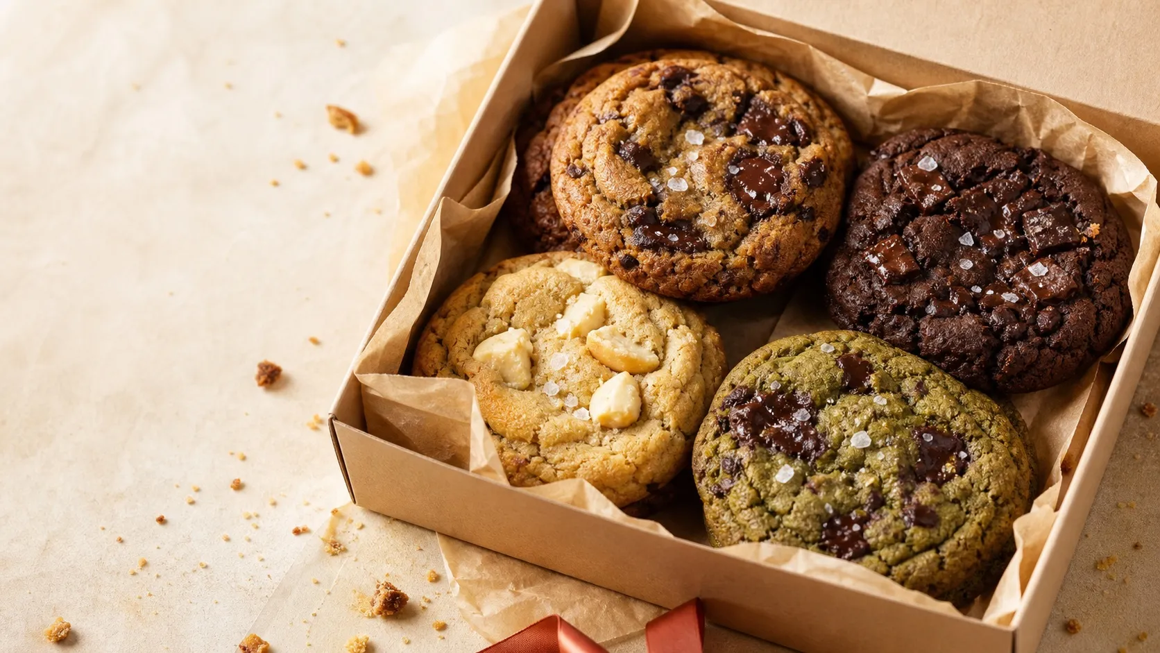 A box of Chookies cookies with chocolate chip, chocolate, white chocolate, and matcha flavours.