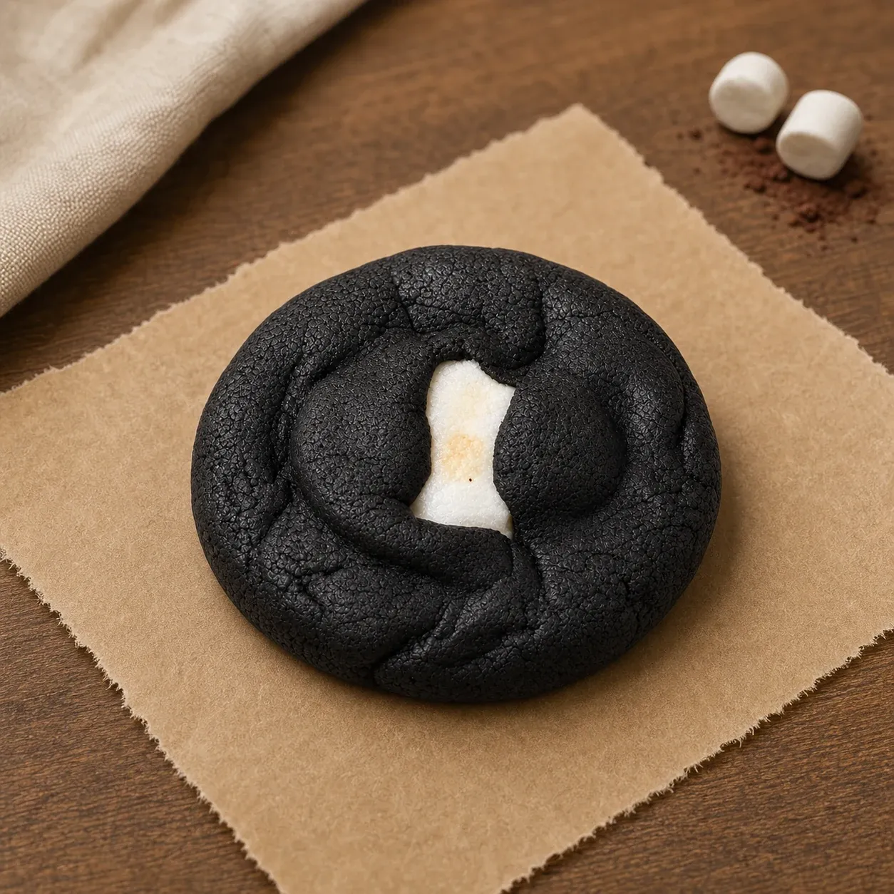 Dark S'mores cookie with a marshmallow centre on kraft paper.
