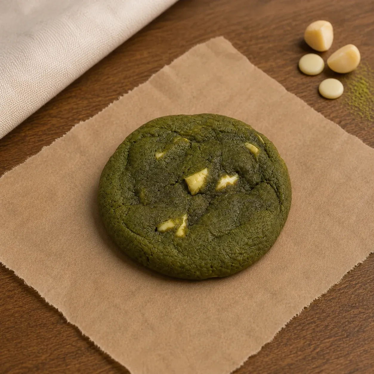 Matchadamia cookie on kraft paper and a walnut tabletop.