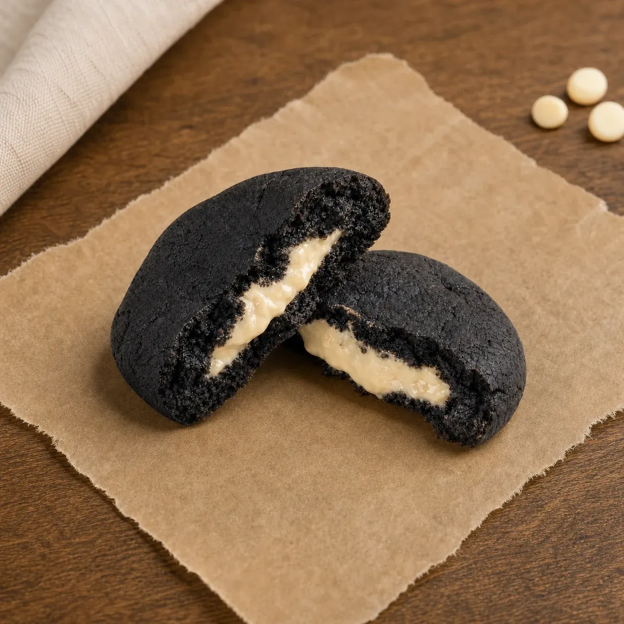 Split Molten White cookie with a soft white chocolate centre on kraft paper.